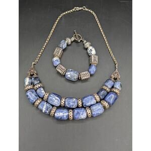 Vintage 925 Blue Sodalite Denim Gemstone Necklace & Bracelet Set Big XL Jewelry